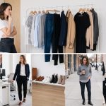 Collage of a woman planning and modeling a curated, versatile capsule wardrobe. The top image shows her looking at a clothing rack with neutral pieces. The bottom row shows her wearing these items in different combinations for city streets, the office, and other settings, alongside a shelf of matching shoes