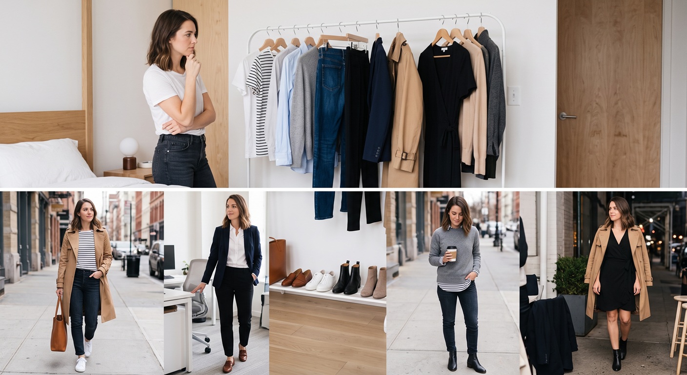 Collage of a woman planning and modeling a curated, versatile capsule wardrobe. The top image shows her looking at a clothing rack with neutral pieces. The bottom row shows her wearing these items in different combinations for city streets, the office, and other settings, alongside a shelf of matching shoes