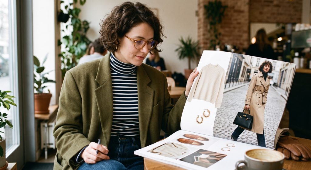 A woman in a beige trench coat and tan bucket bag looks at an open fashion magazine spread featuring other trench coats and editorial photography, set within a modern art or design event venue with a high ceiling and staircase in the background.